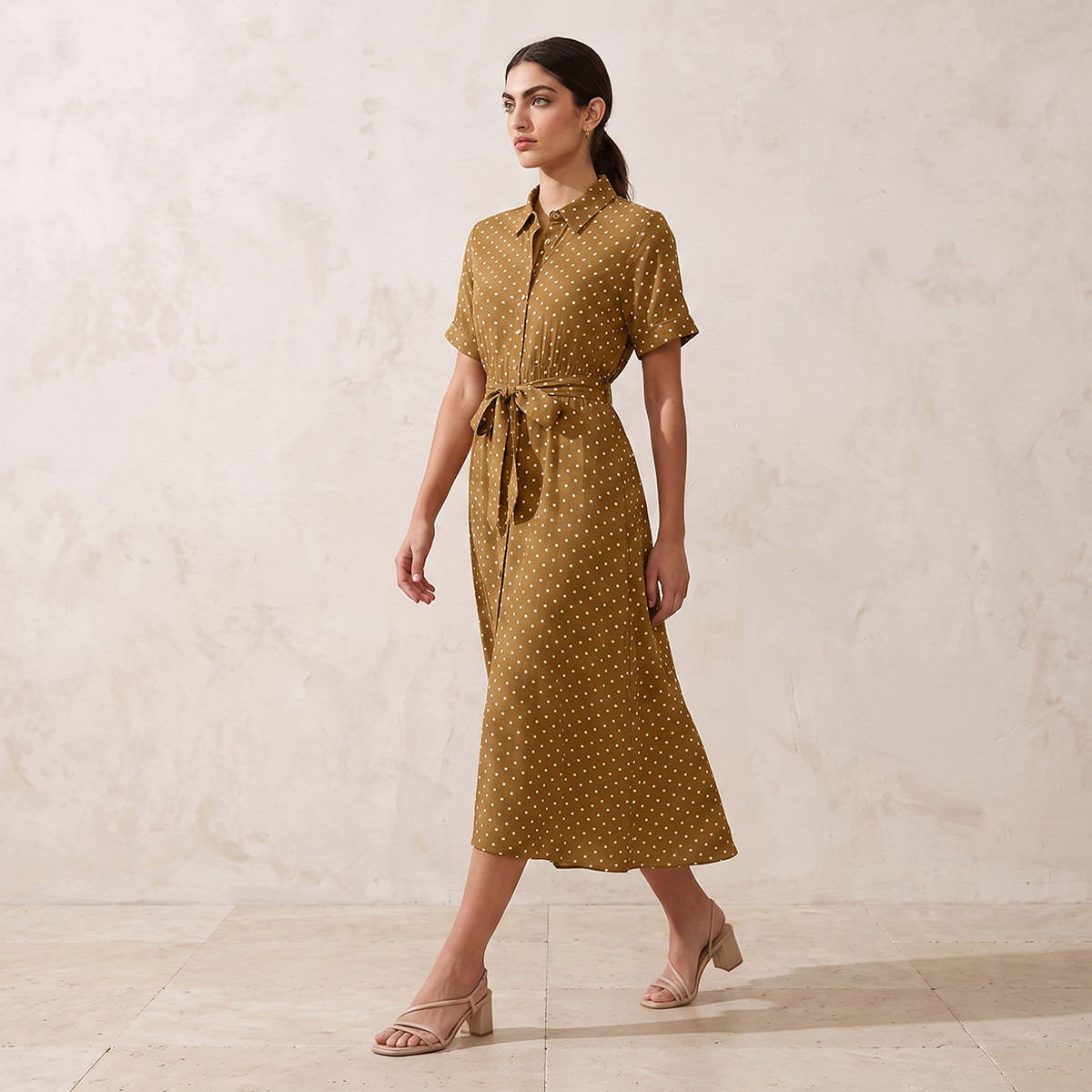 فستان قميص رايون بطبعات منقطة وحزام من سبلاش فيف-women-clothing-dresses-image-3