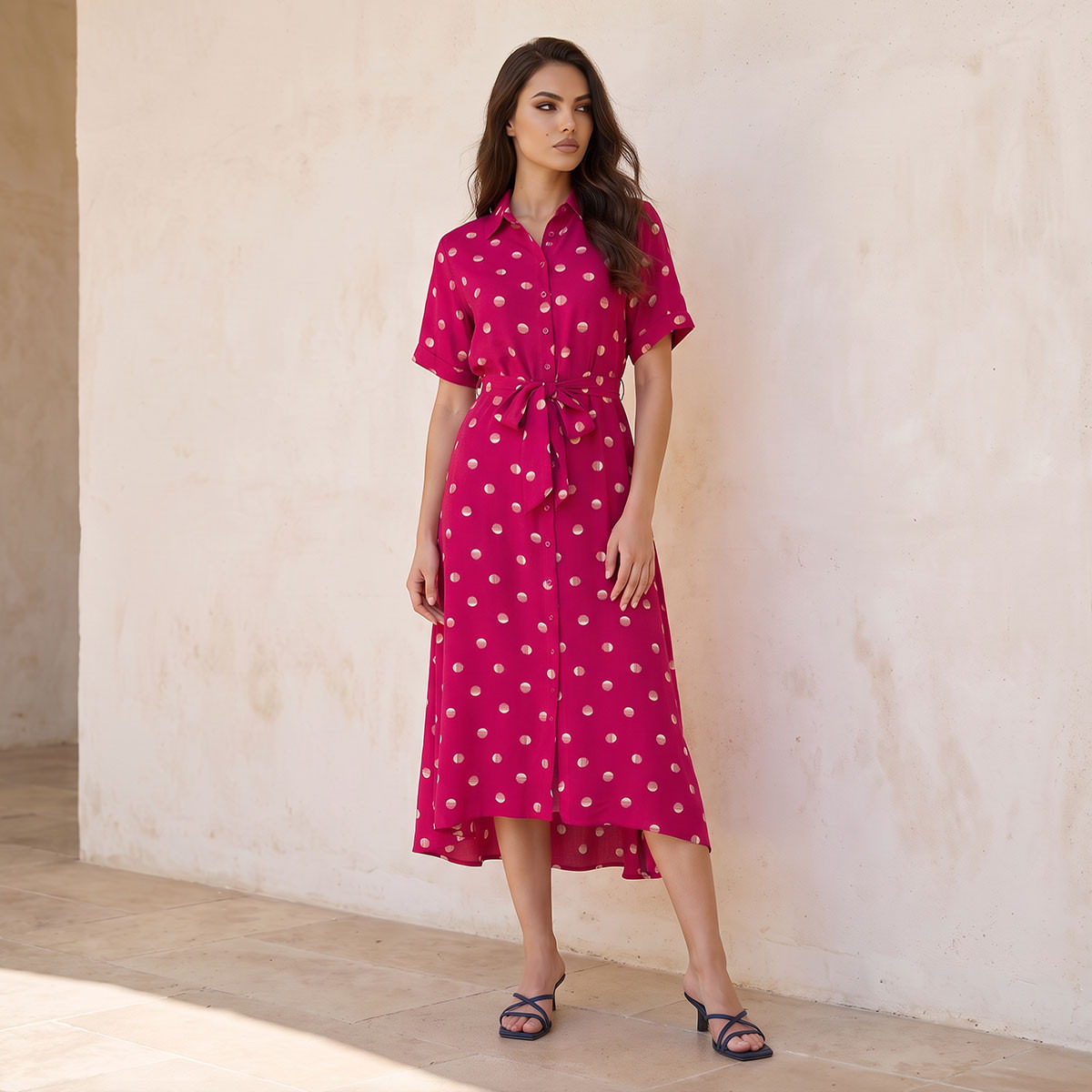 Splash Fav Midi Polka Dot Print Shirt Dress with Belt-women-clothing-dresses-image-1