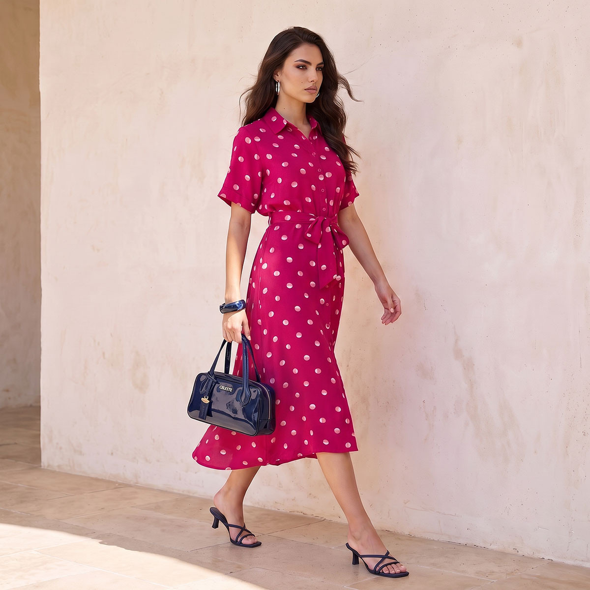 Splash Fav Midi Polka Dot Print Shirt Dress with Belt-women-clothing-dresses-image-3