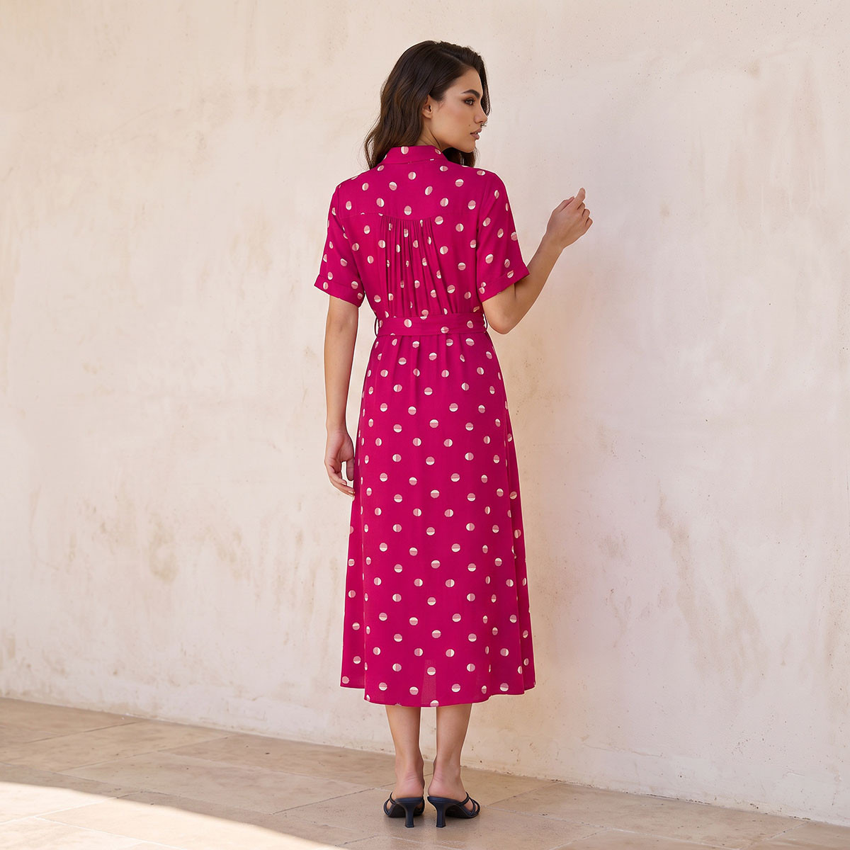 Splash Fav Midi Polka Dot Print Shirt Dress with Belt-women-clothing-dresses-image-4