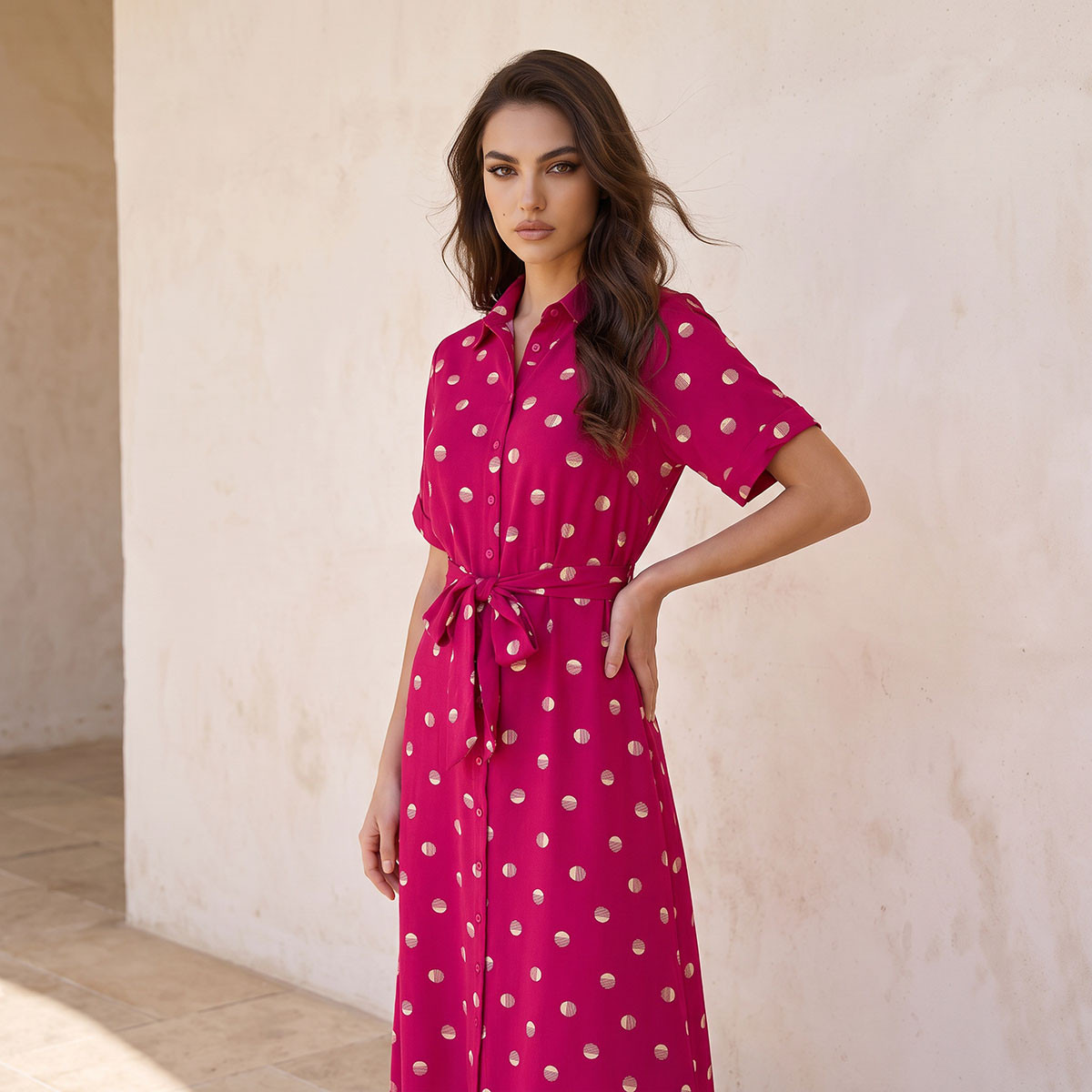 Splash Fav Midi Polka Dot Print Shirt Dress with Belt-women-clothing-dresses-image-5