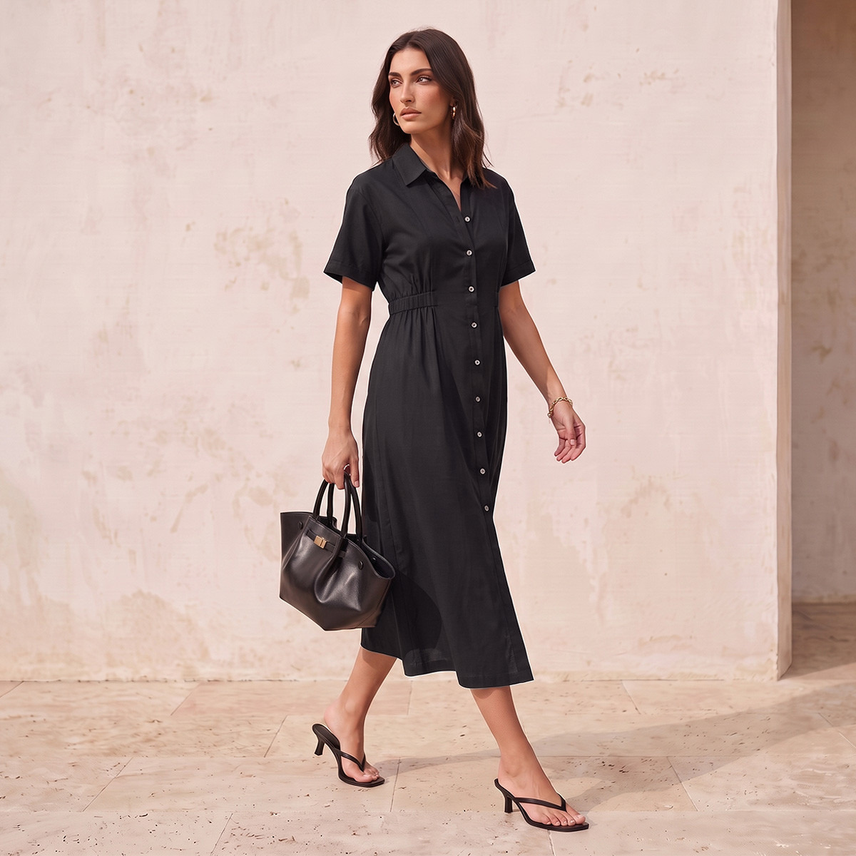 Splash Fav Midi Viscose Shirt Dress with Button Down Placket-women-clothing-dresses-image-3