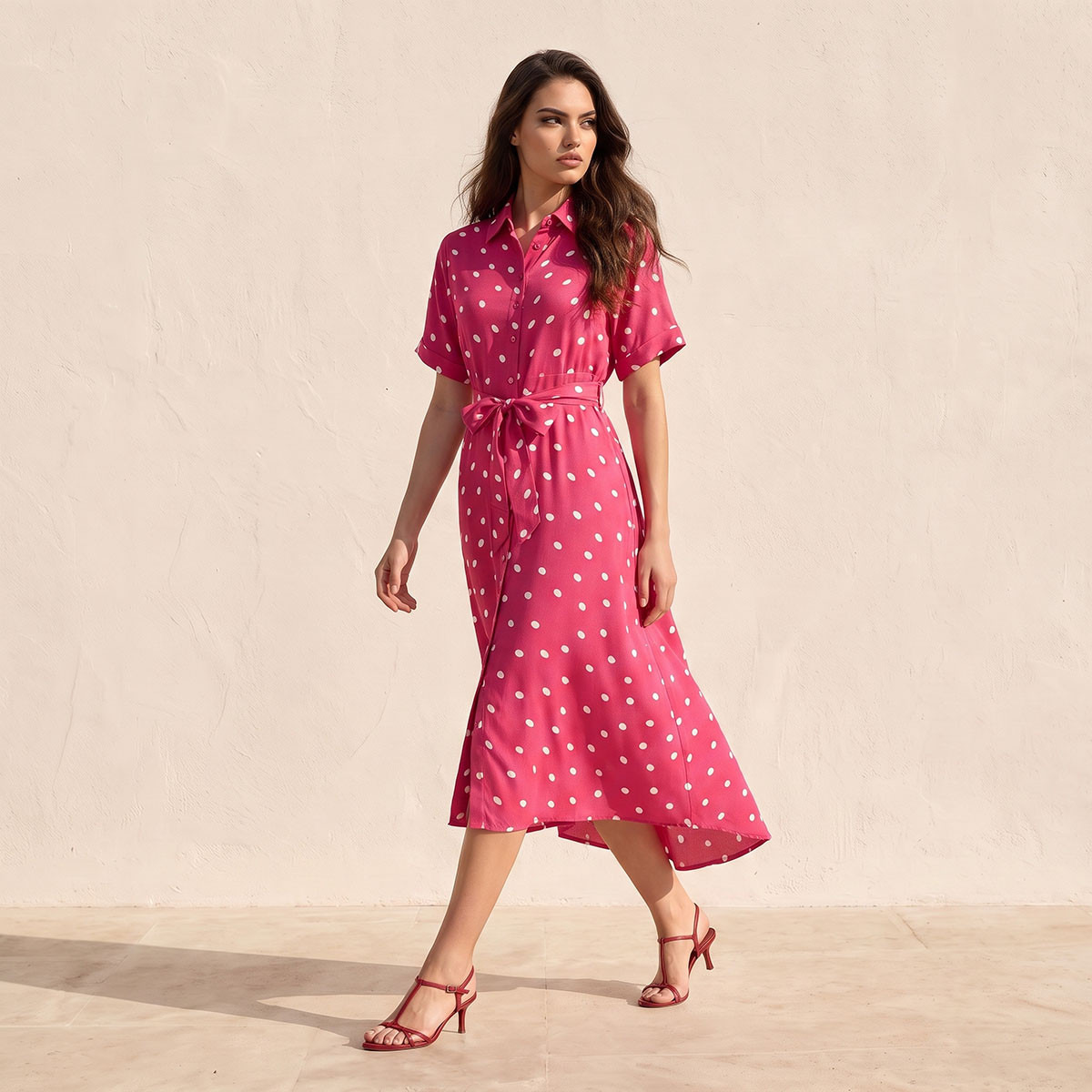 Splash Fav Midi Polka Dot Print Shirt Dress with Belt-women-clothing-dresses-image-1