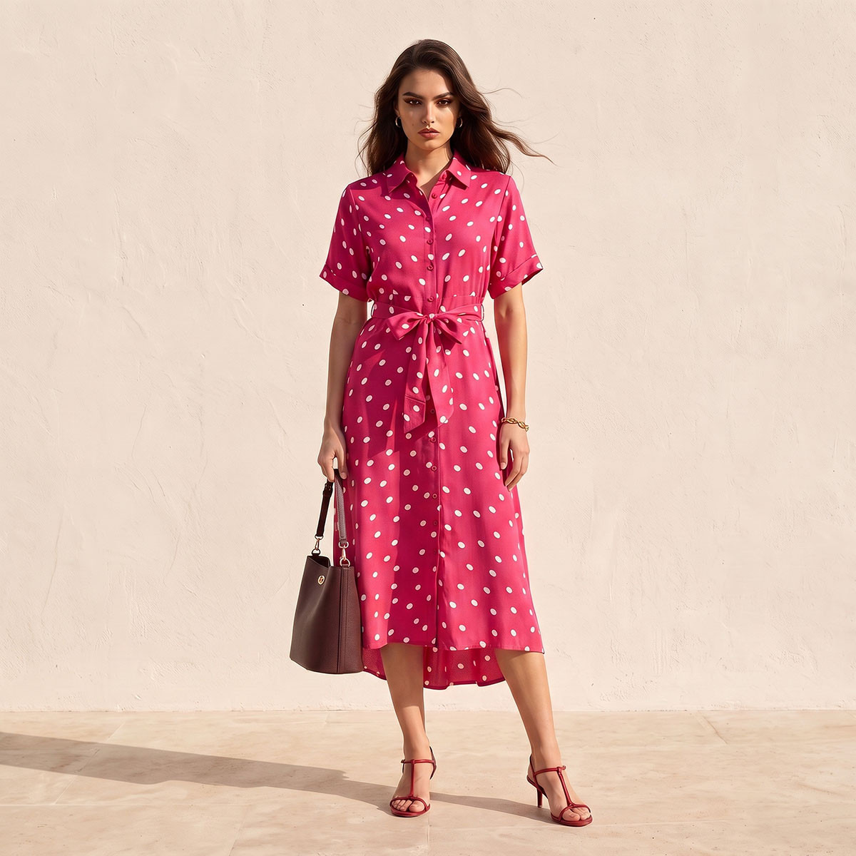 Splash Fav Midi Polka Dot Print Shirt Dress with Belt-women-clothing-dresses-image-3