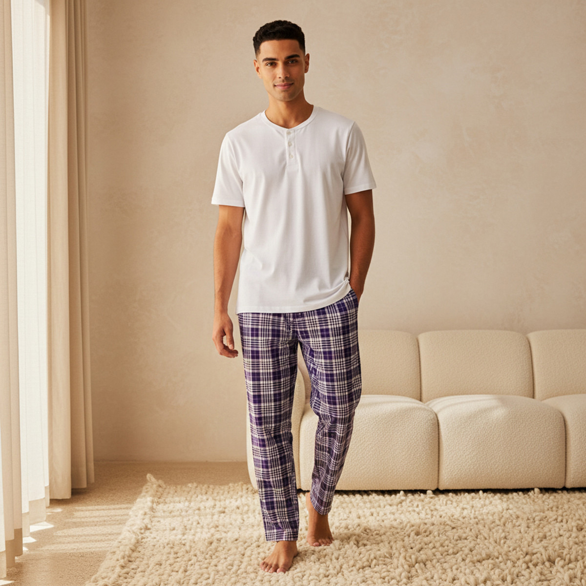 طقم بيجاما نوم قطن كاروهات بخصر رباط للرجال-men-clothing-nightwear-sets-image-1