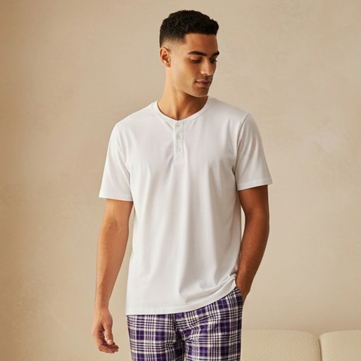 طقم بيجاما نوم قطن كاروهات بخصر رباط للرجال-men-clothing-nightwear-sets-image-3