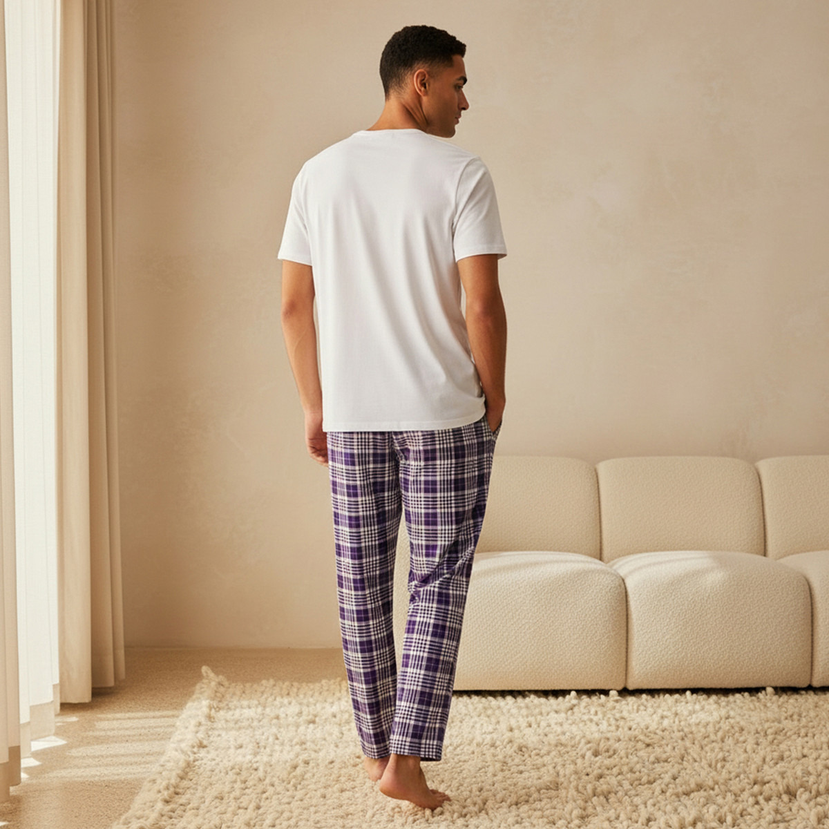 طقم بيجاما نوم قطن كاروهات بخصر رباط للرجال-men-clothing-nightwear-sets-image-4