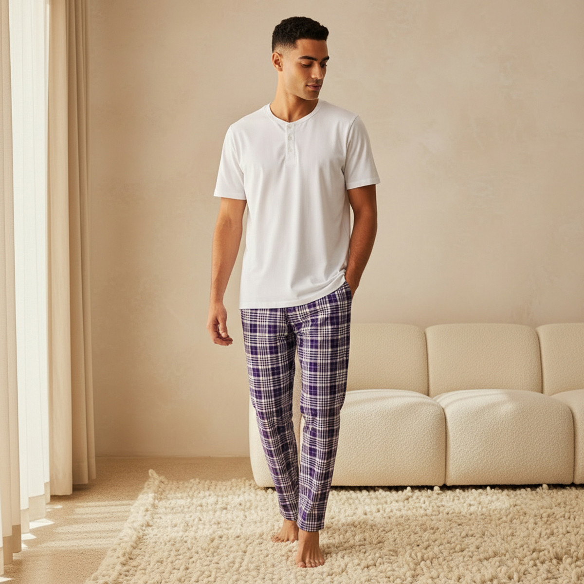طقم بيجاما نوم قطن كاروهات بخصر رباط للرجال-men-clothing-nightwear-sets-image-7
