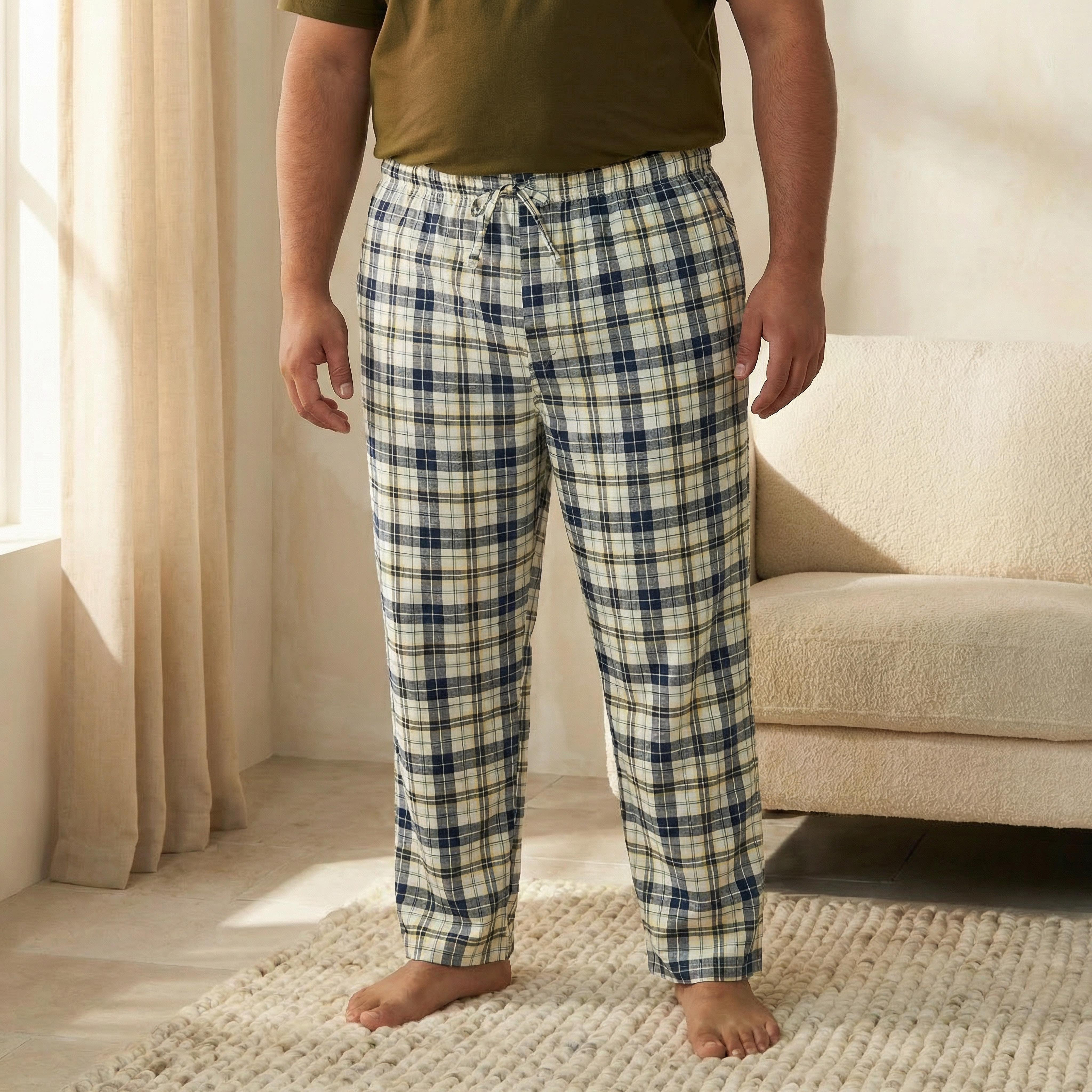 طقم بيجاما نوم قطن كاروهات بخصر رباط للرجال-men-clothing-nightwear-sets-image-5