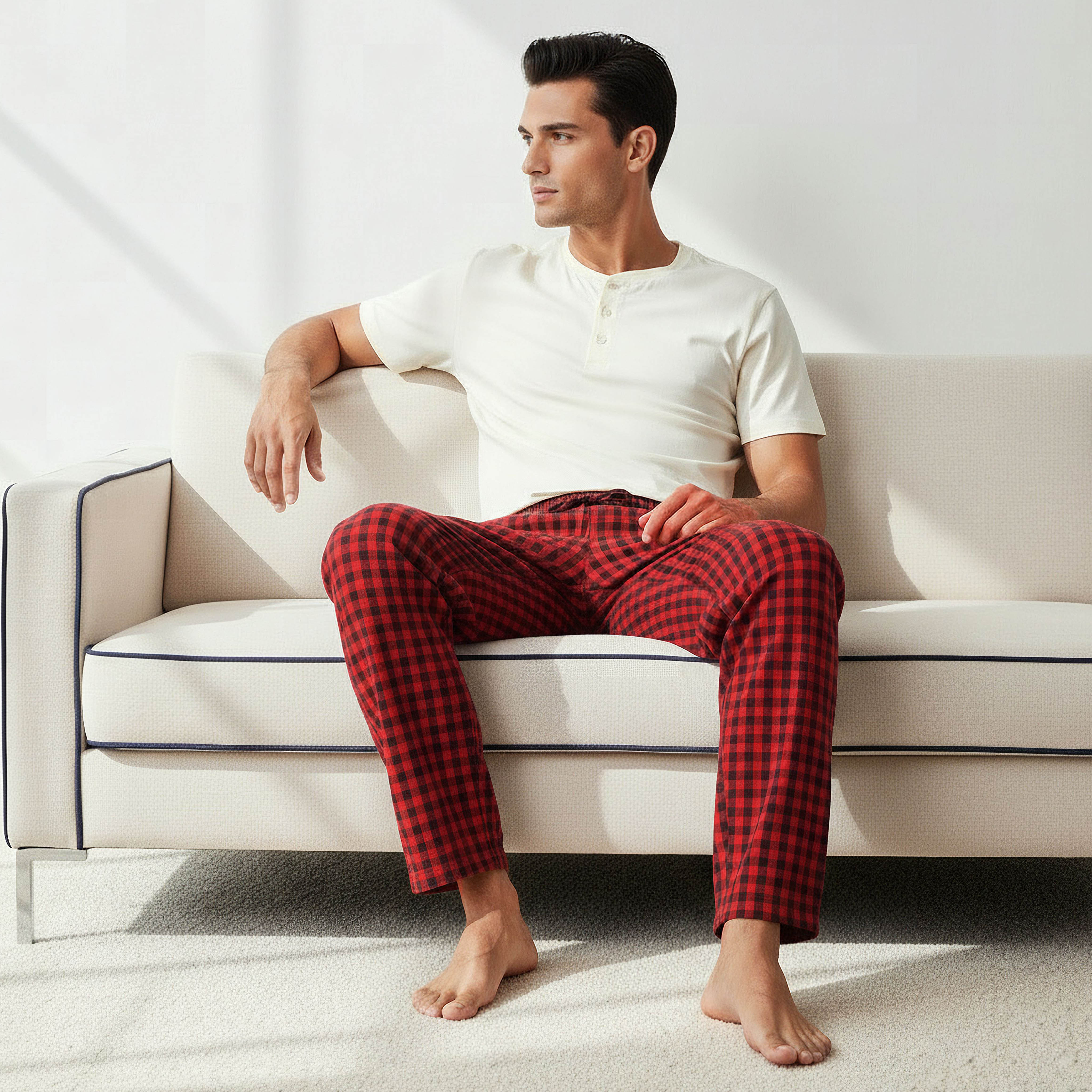 Men Cotton Checked Henley Neck Nightwear Set-men-clothing-nightwear-sets-image-2
