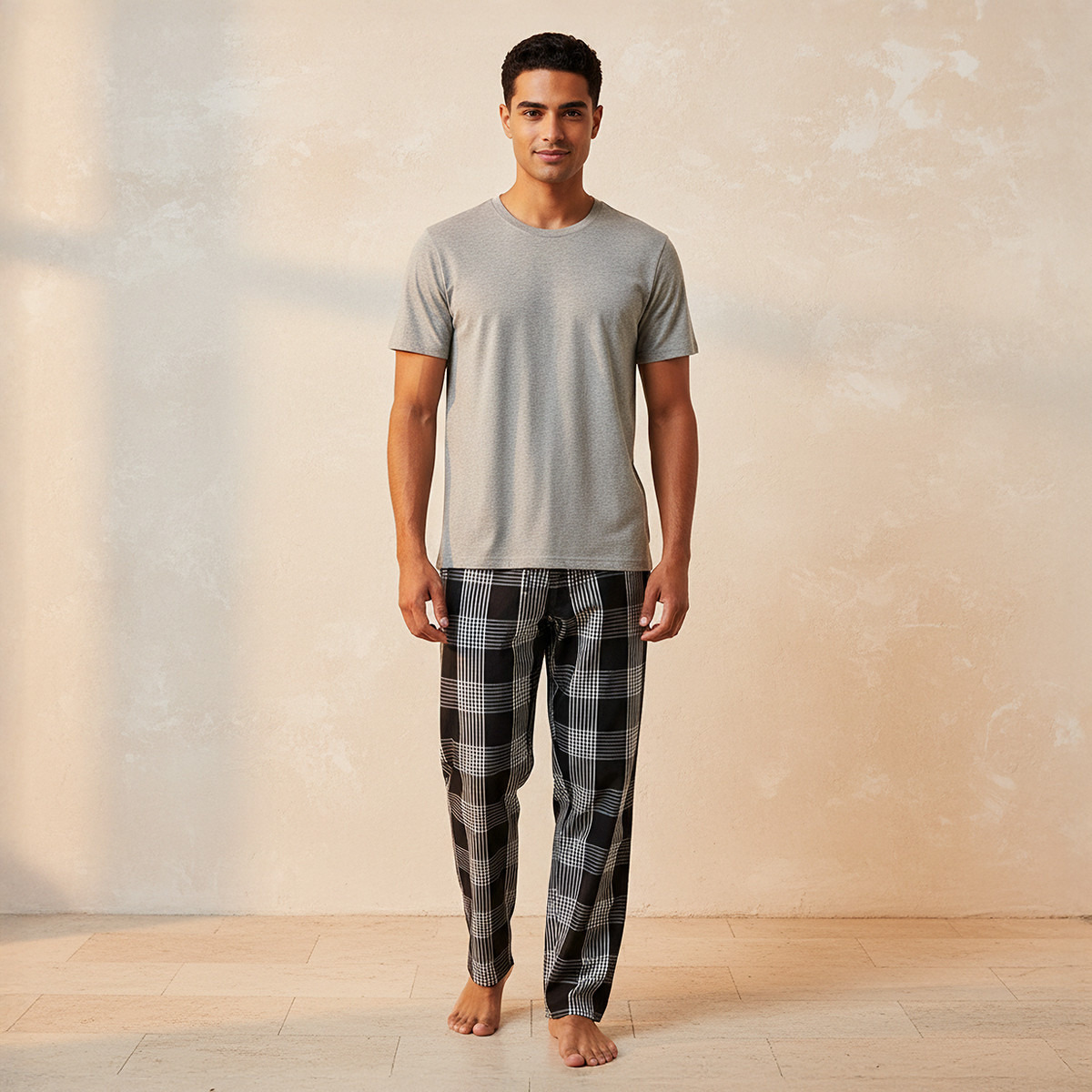 طقم بيجاما قطن رجالي كاروهات برباط خصر-men-clothing-nightwear-sets-image-1