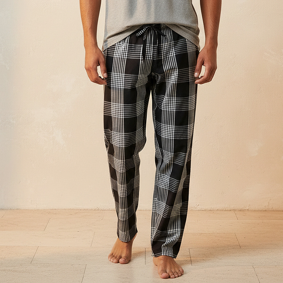 طقم بيجاما قطن رجالي كاروهات برباط خصر-men-clothing-nightwear-sets-image-5