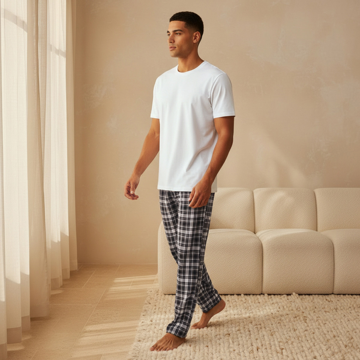 طقم بيجاما قطن رجالي كاروهات برباط خصر-men-clothing-nightwear-sets-image-1