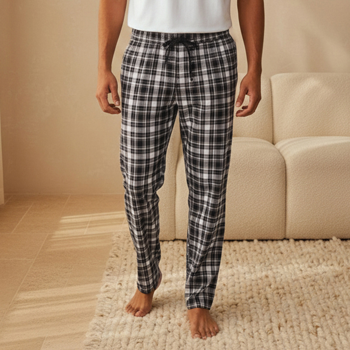 طقم بيجاما قطن رجالي كاروهات برباط خصر-men-clothing-nightwear-sets-image-5