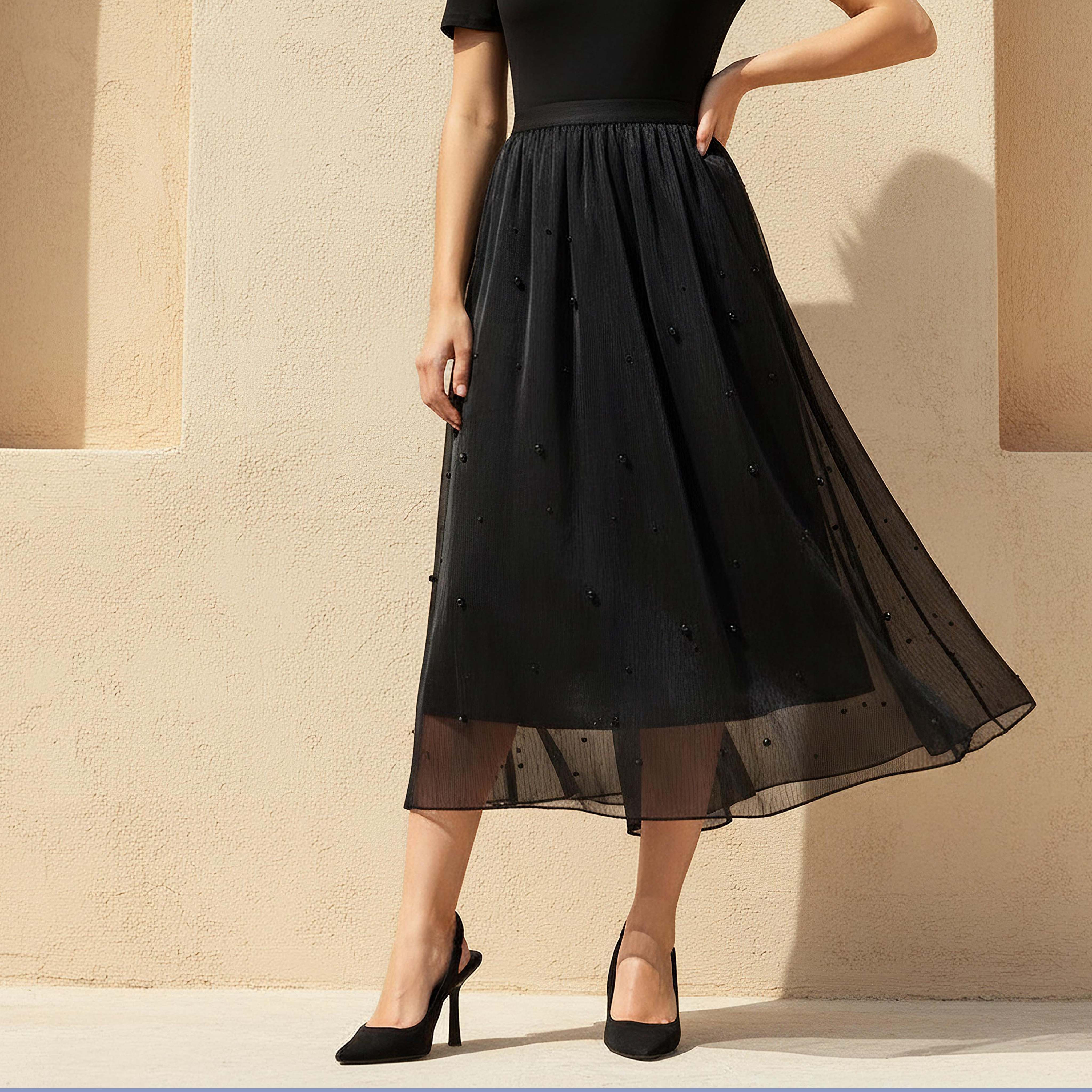 Midi A-line Skirt with Elasticated Waistband-women-clothing-bottoms-skirts-image-1