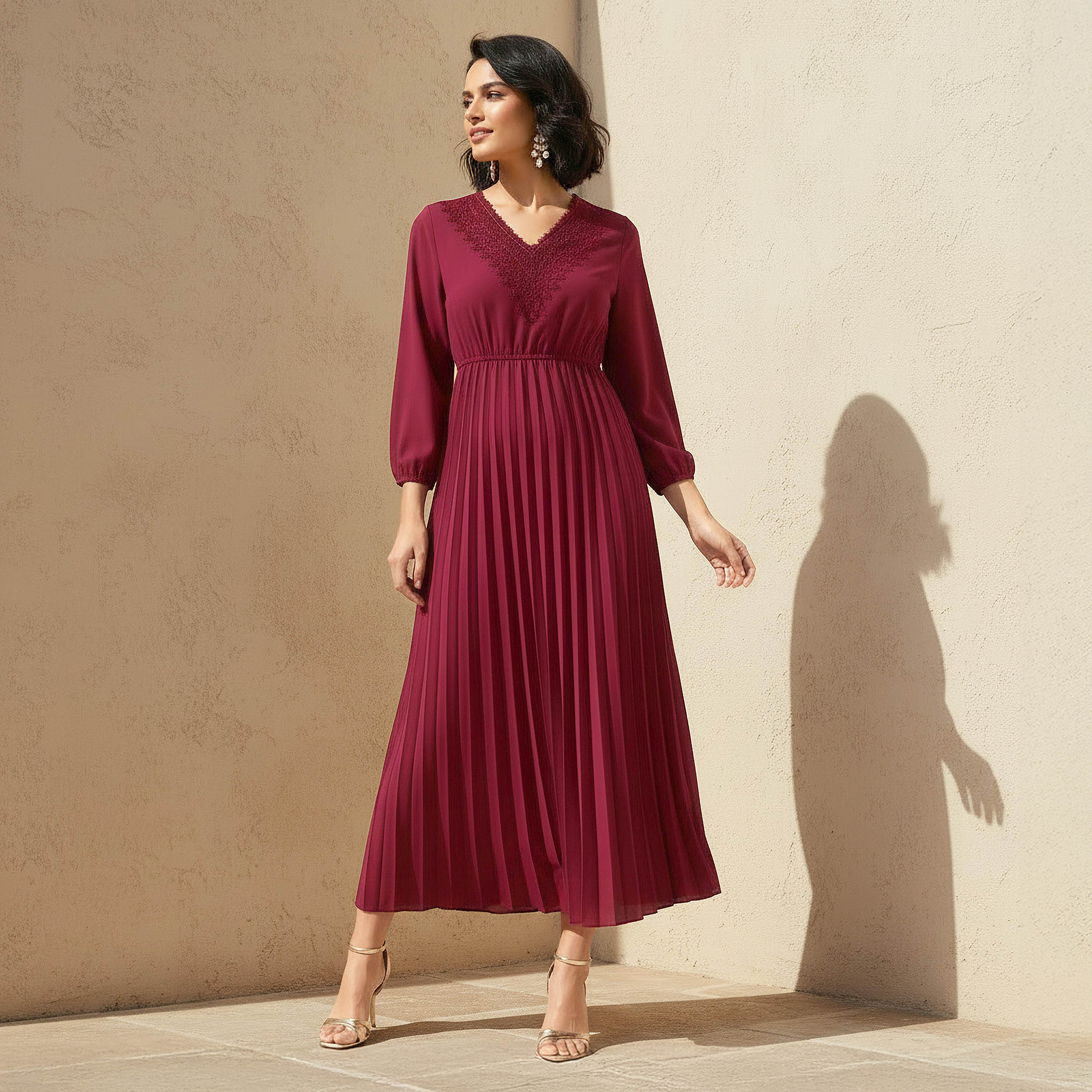 Pleated Midi Dress with Lace Detail-women-clothing-dresses-image-1