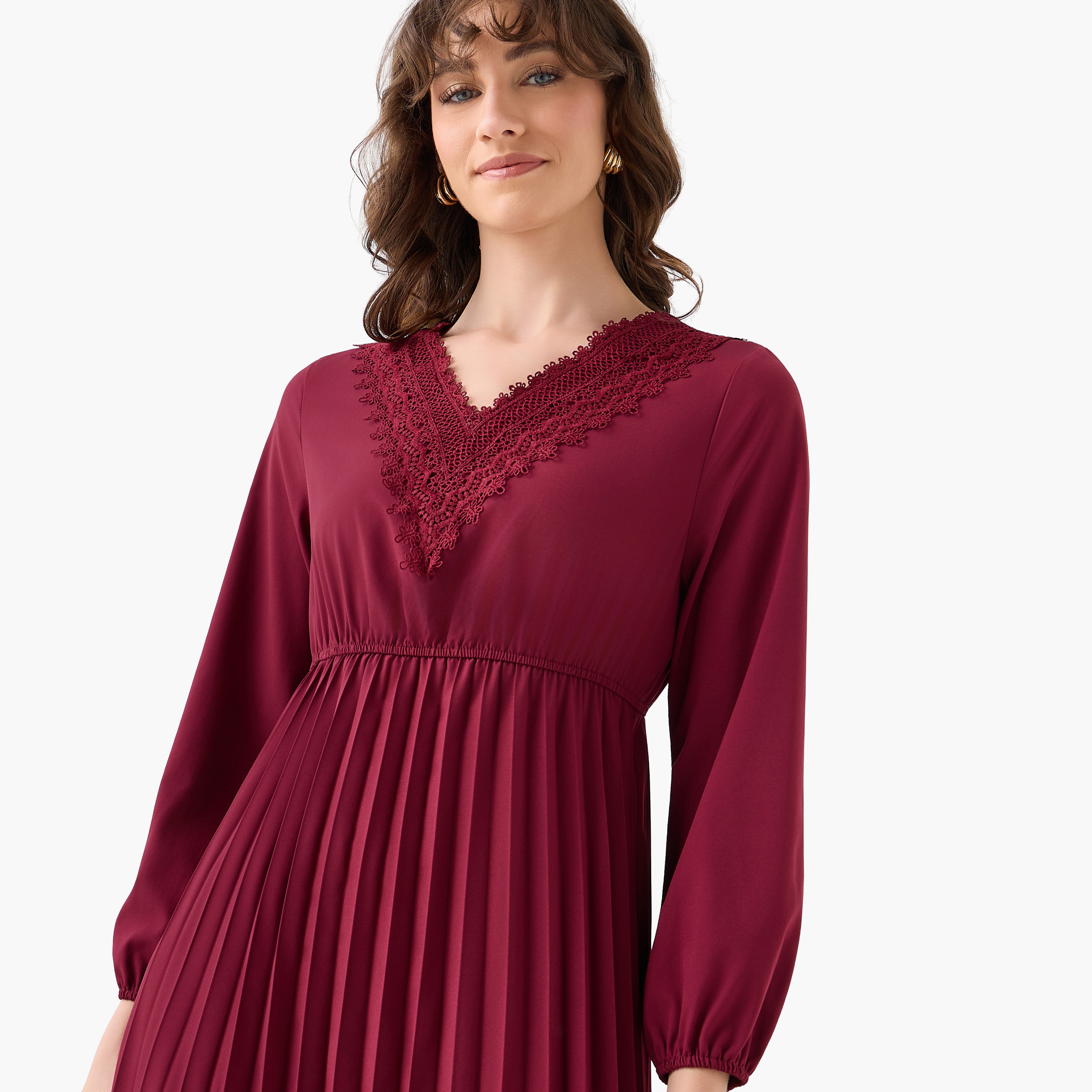 Pleated Midi Dress with Lace Detail-women-clothing-dresses-image-5
