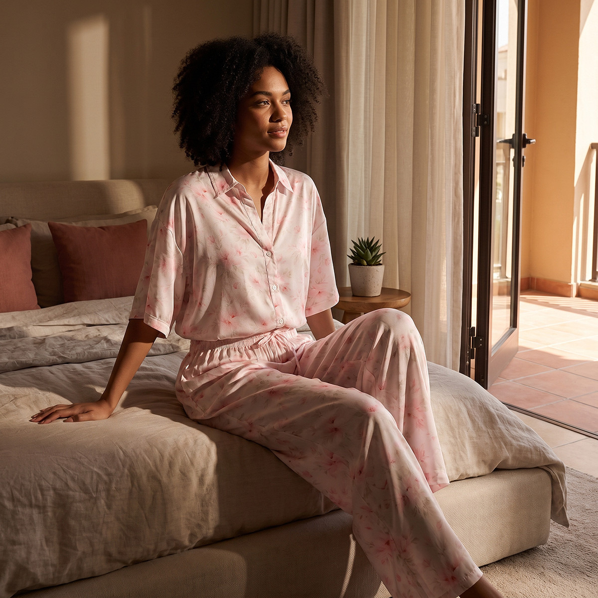 Aadaraya Floral Print Pyjama Set Button-Down Shirt & Trousers-women-clothing-nightwear-pyjamas-longsets-image-1