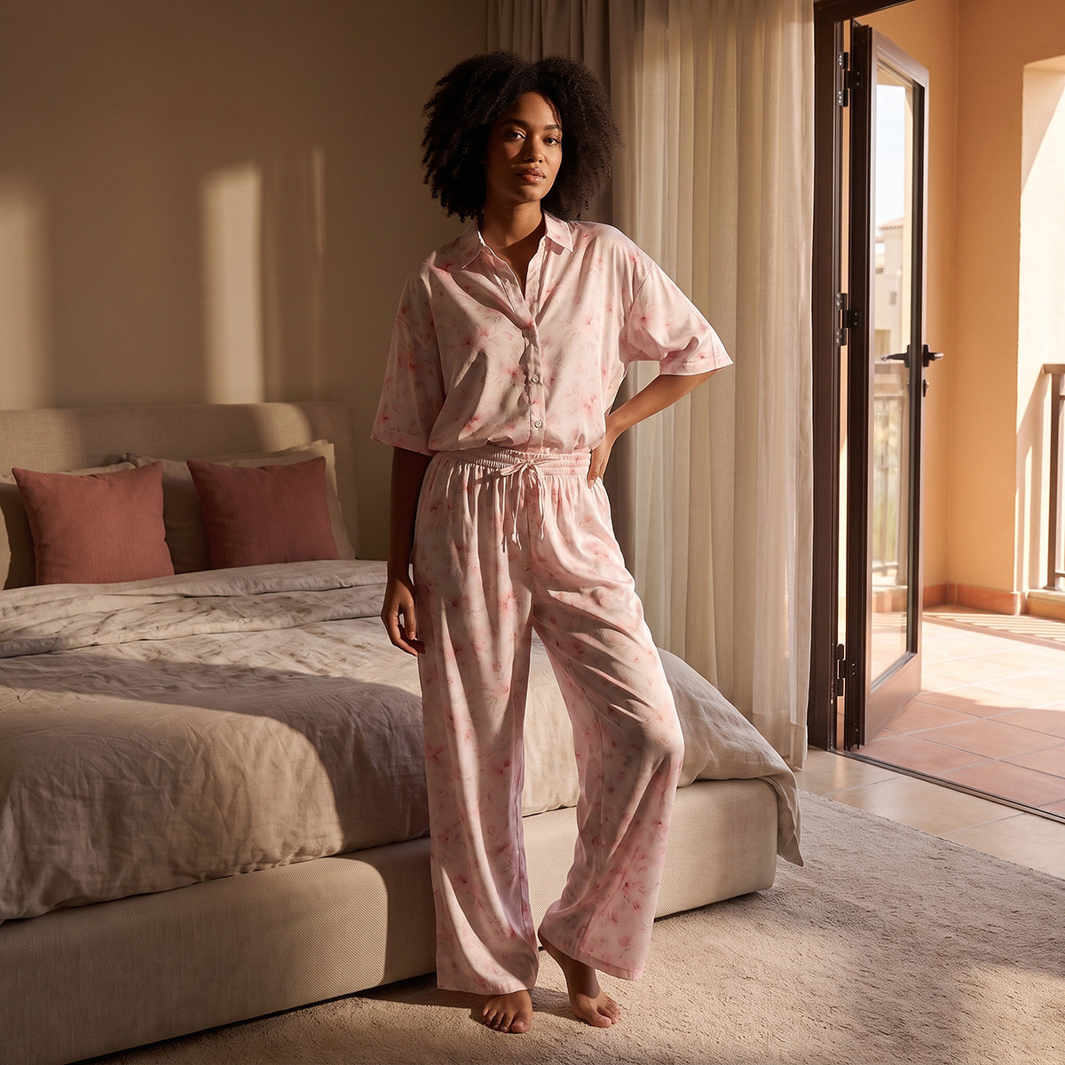Aadaraya Floral Print Pyjama Set Button-Down Shirt & Trousers-women-clothing-nightwear-pyjamas-longsets-image-2
