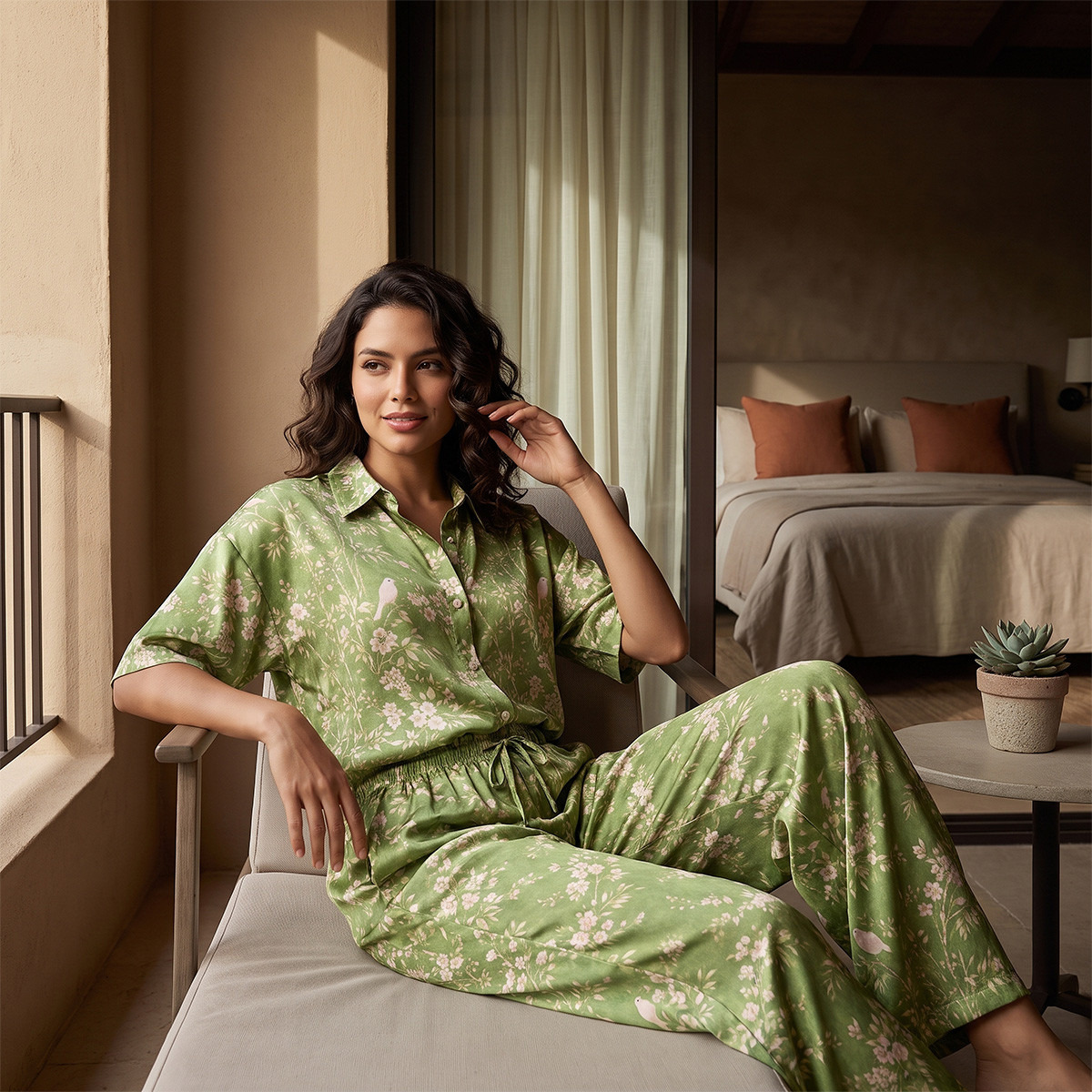 طقم بيجاما بطبعات زهور وقميص بوصلة أزرار وبنطلون من أدارايا-women-clothing-nightwear-pyjamas-longsets-image-1
