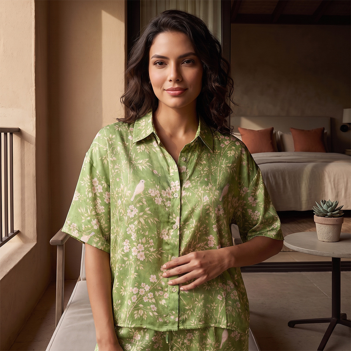 طقم بيجاما بطبعات زهور وقميص بوصلة أزرار وبنطلون من أدارايا-women-clothing-nightwear-pyjamas-longsets-image-4