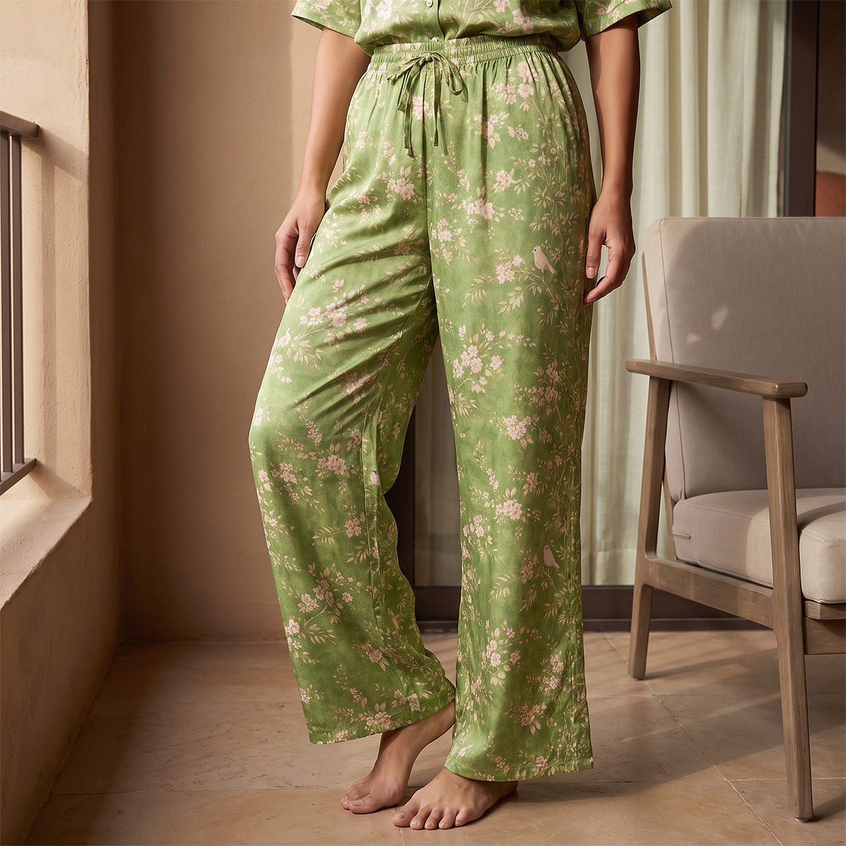 طقم بيجاما بطبعات زهور وقميص بوصلة أزرار وبنطلون من أدارايا-women-clothing-nightwear-pyjamas-longsets-image-5
