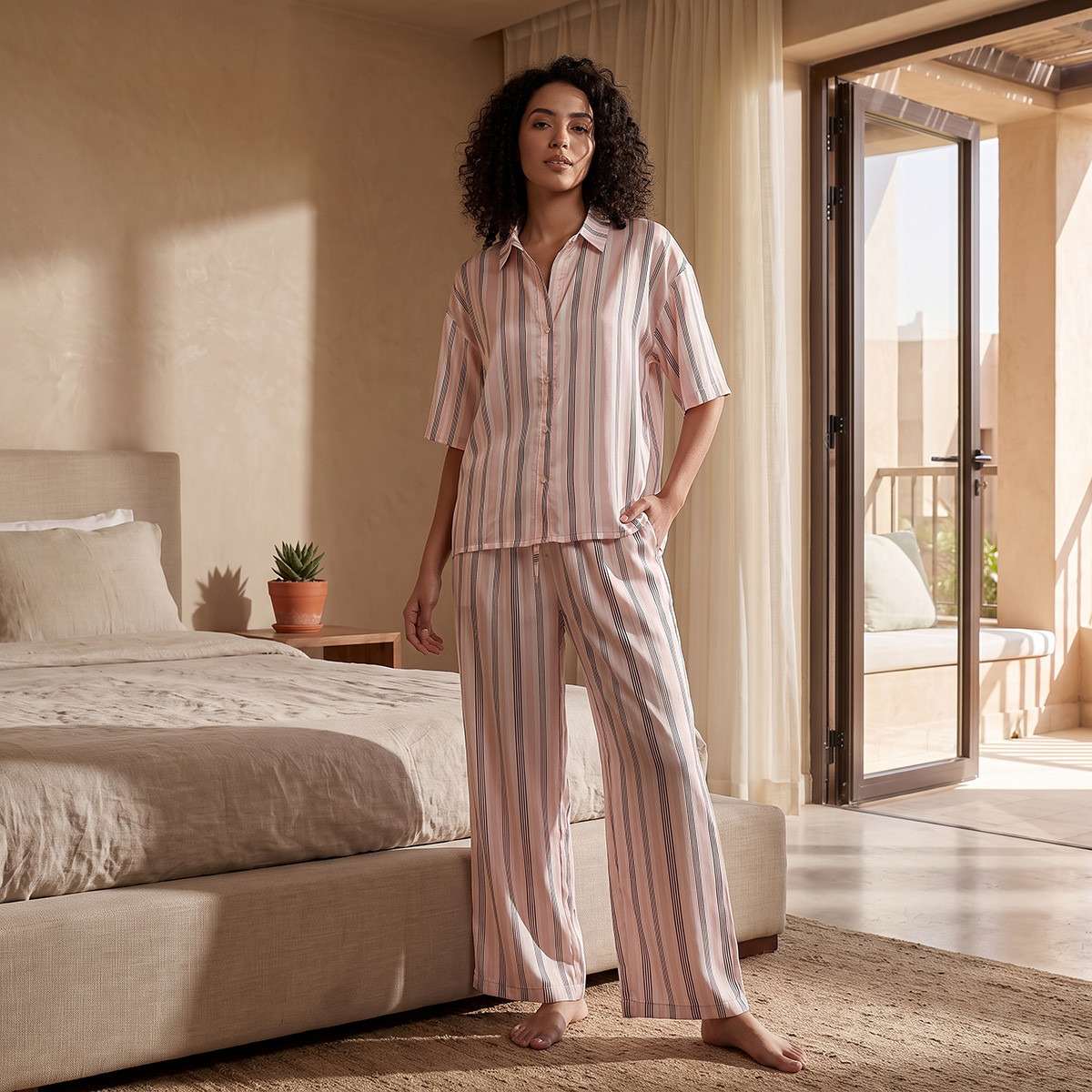 طقم بيجاما مخطط وقميص بوصلة أزرار وبنطلون من أدارايا-women-clothing-nightwear-pyjamas-longsets-image-2