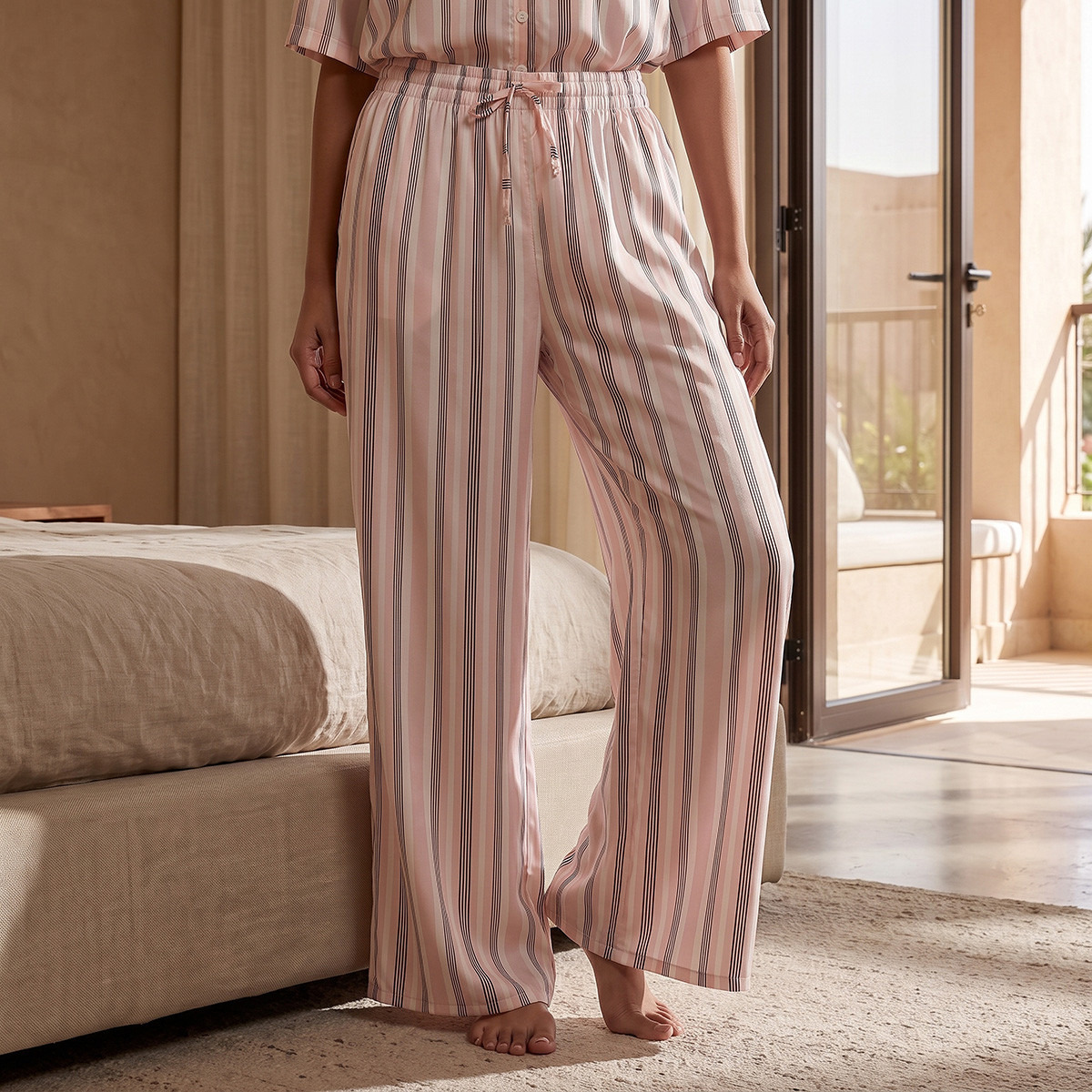 طقم بيجاما مخطط وقميص بوصلة أزرار وبنطلون من أدارايا-women-clothing-nightwear-pyjamas-longsets-image-5