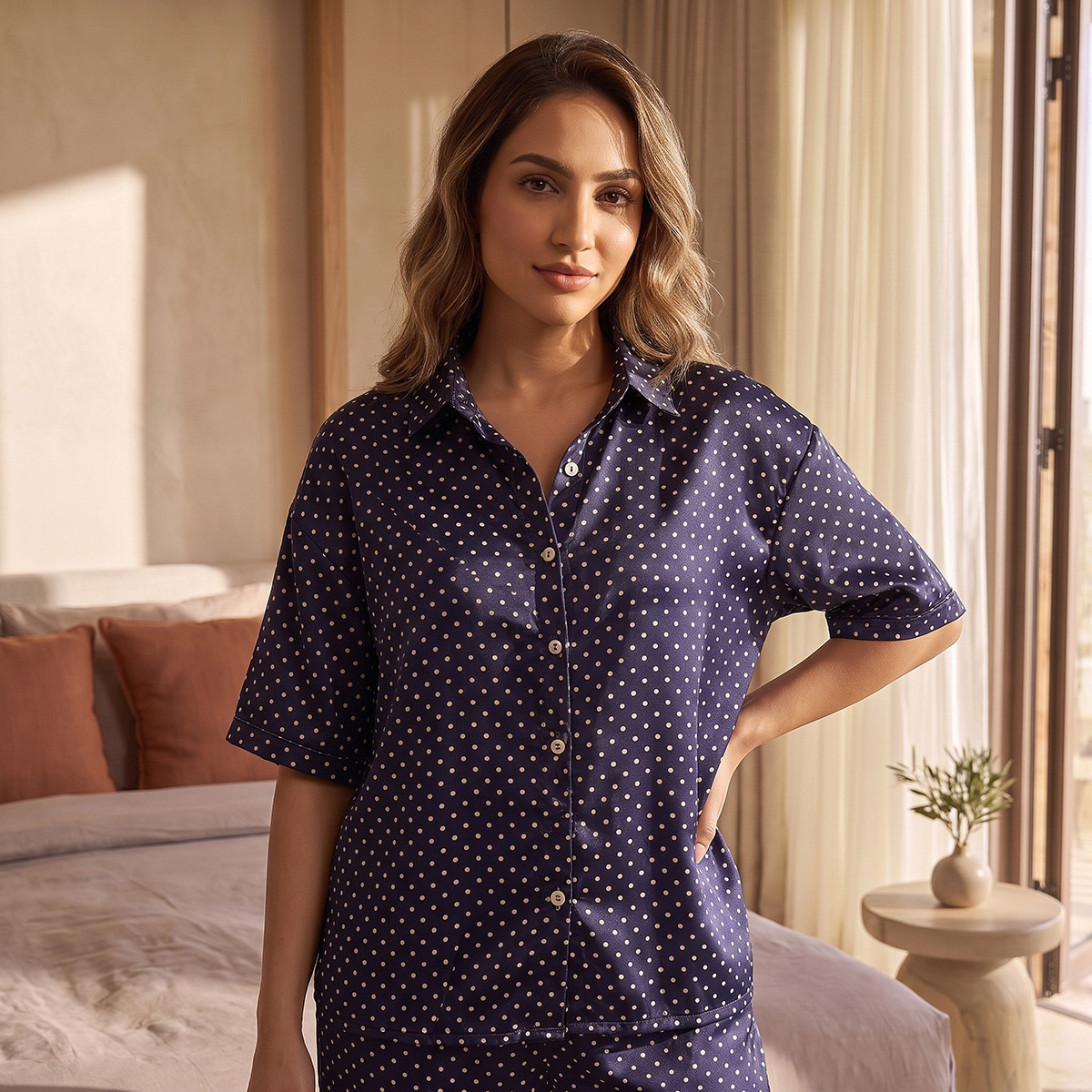 Aadaraya Polka Dot Print Pyjama Set Button-Down Shirt & Trousers-women-clothing-nightwear-pyjamas-longsets-image-4