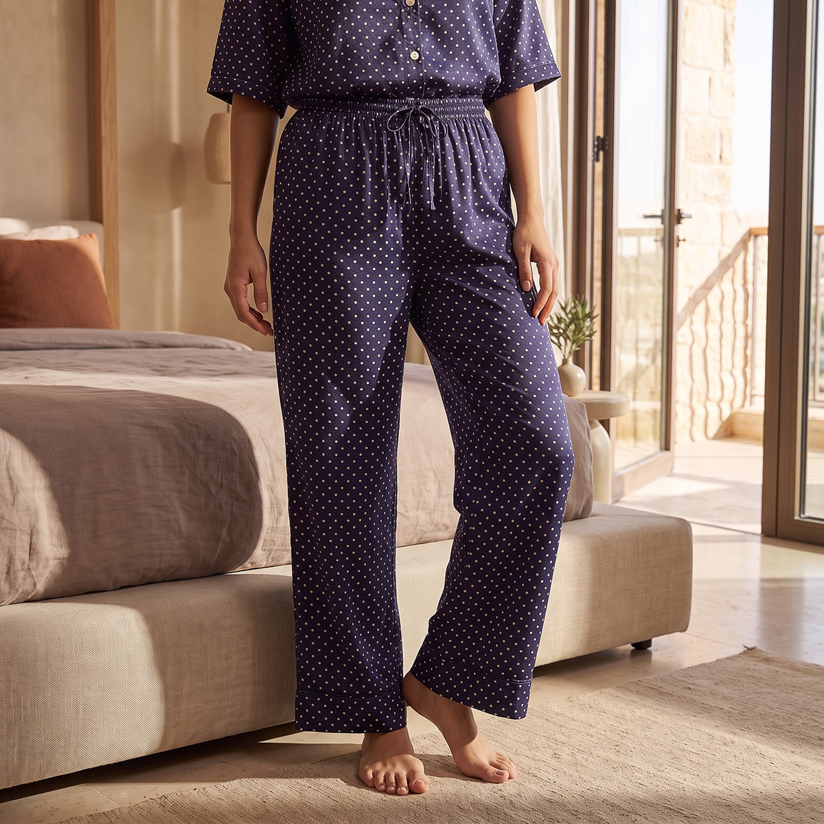 Aadaraya Polka Dot Print Pyjama Set Button-Down Shirt & Trousers-women-clothing-nightwear-pyjamas-longsets-image-5