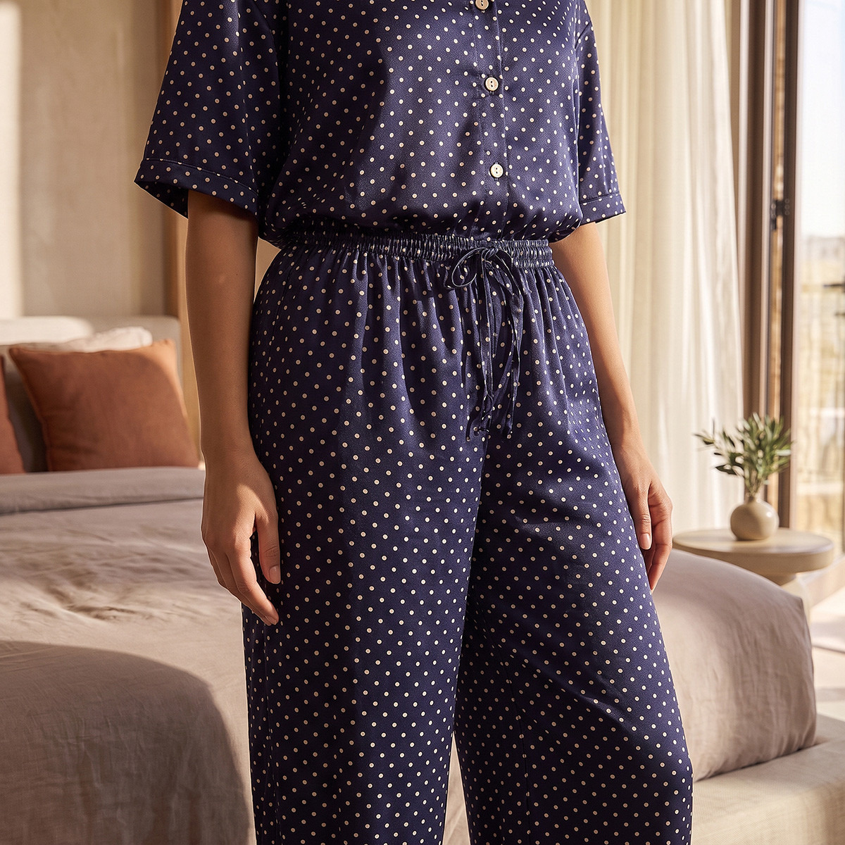 Aadaraya Polka Dot Print Pyjama Set Button-Down Shirt & Trousers-women-clothing-nightwear-pyjamas-longsets-image-7