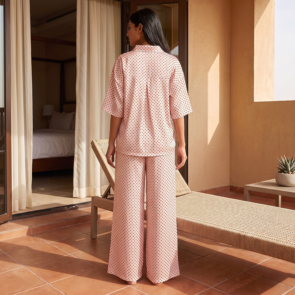 Aadaraya Polka Dot Print Pyjama Set Button-Down Shirt & Trousers-women-clothing-nightwear-pyjamas-longsets-image-3