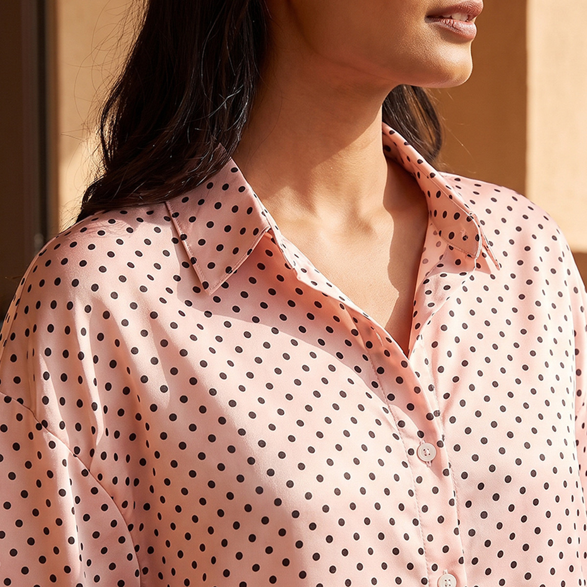 Aadaraya Polka Dot Print Pyjama Set Button-Down Shirt & Trousers-women-clothing-nightwear-pyjamas-longsets-image-5