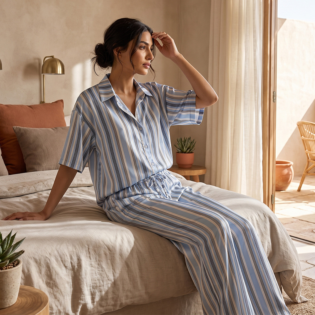 طقم بيجاما مخطط وقميص بوصلة أزرار وبنطلون من أدارايا-women-clothing-nightwear-pyjamas-longsets-image-1