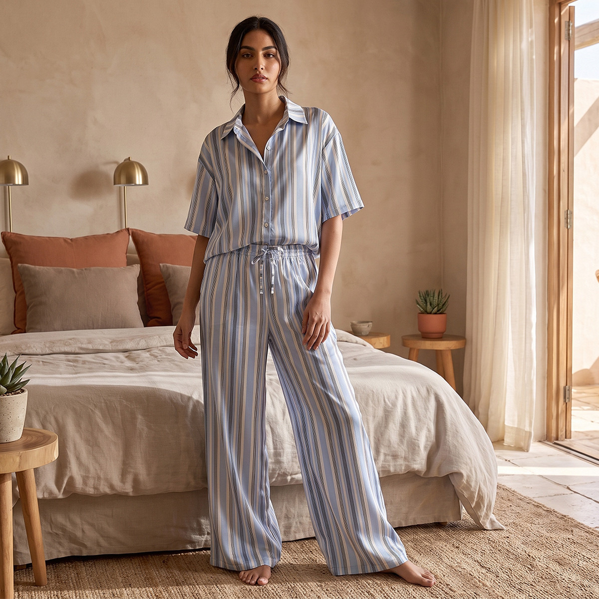 طقم بيجاما مخطط وقميص بوصلة أزرار وبنطلون من أدارايا-women-clothing-nightwear-pyjamas-longsets-image-2