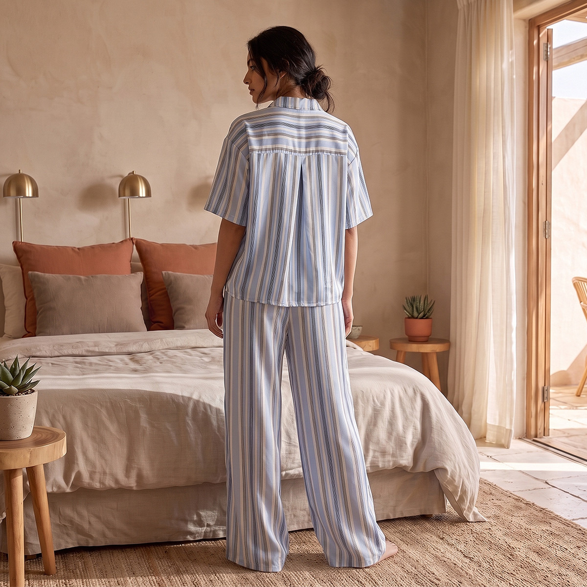 طقم بيجاما مخطط وقميص بوصلة أزرار وبنطلون من أدارايا-women-clothing-nightwear-pyjamas-longsets-image-3