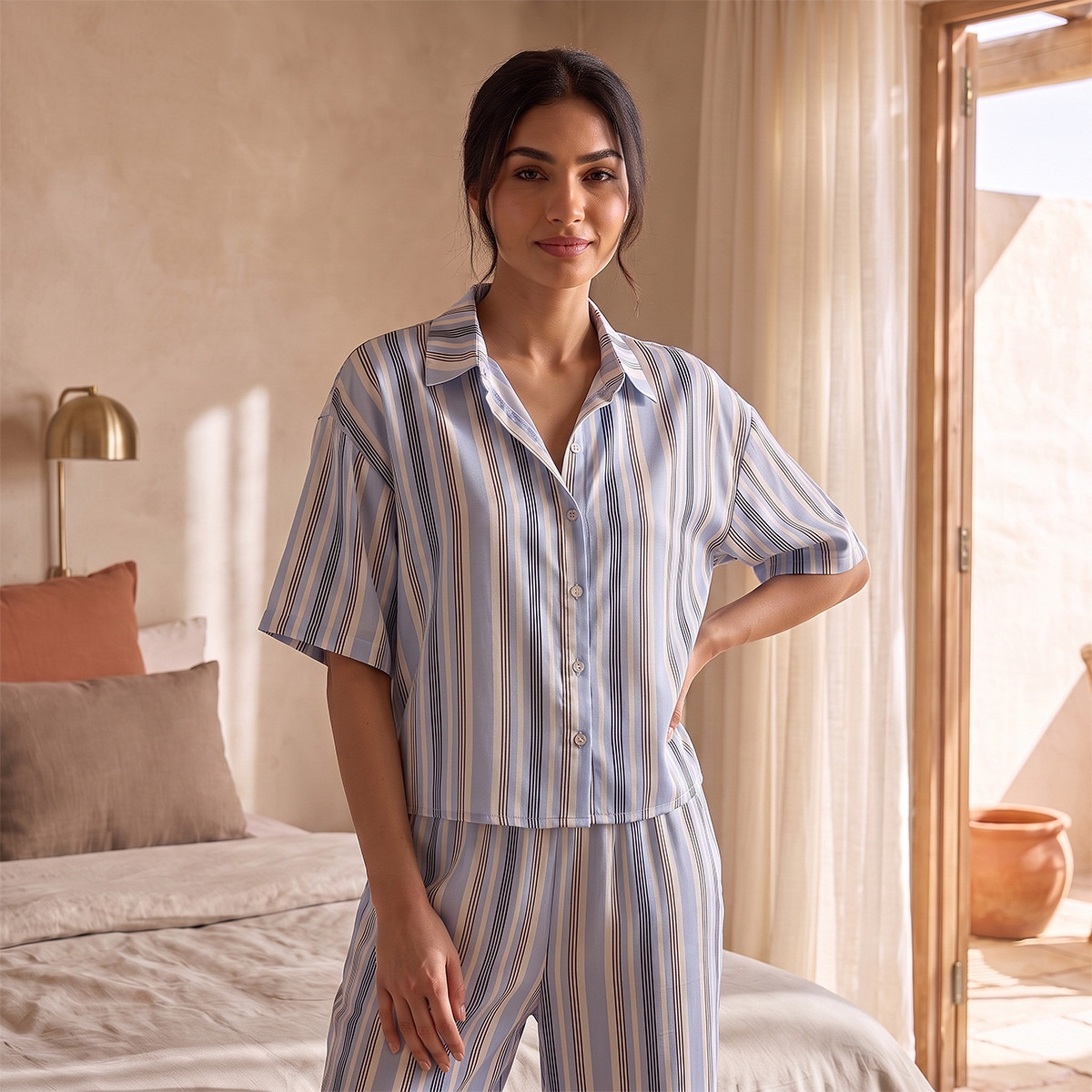 طقم بيجاما مخطط وقميص بوصلة أزرار وبنطلون من أدارايا-women-clothing-nightwear-pyjamas-longsets-image-4