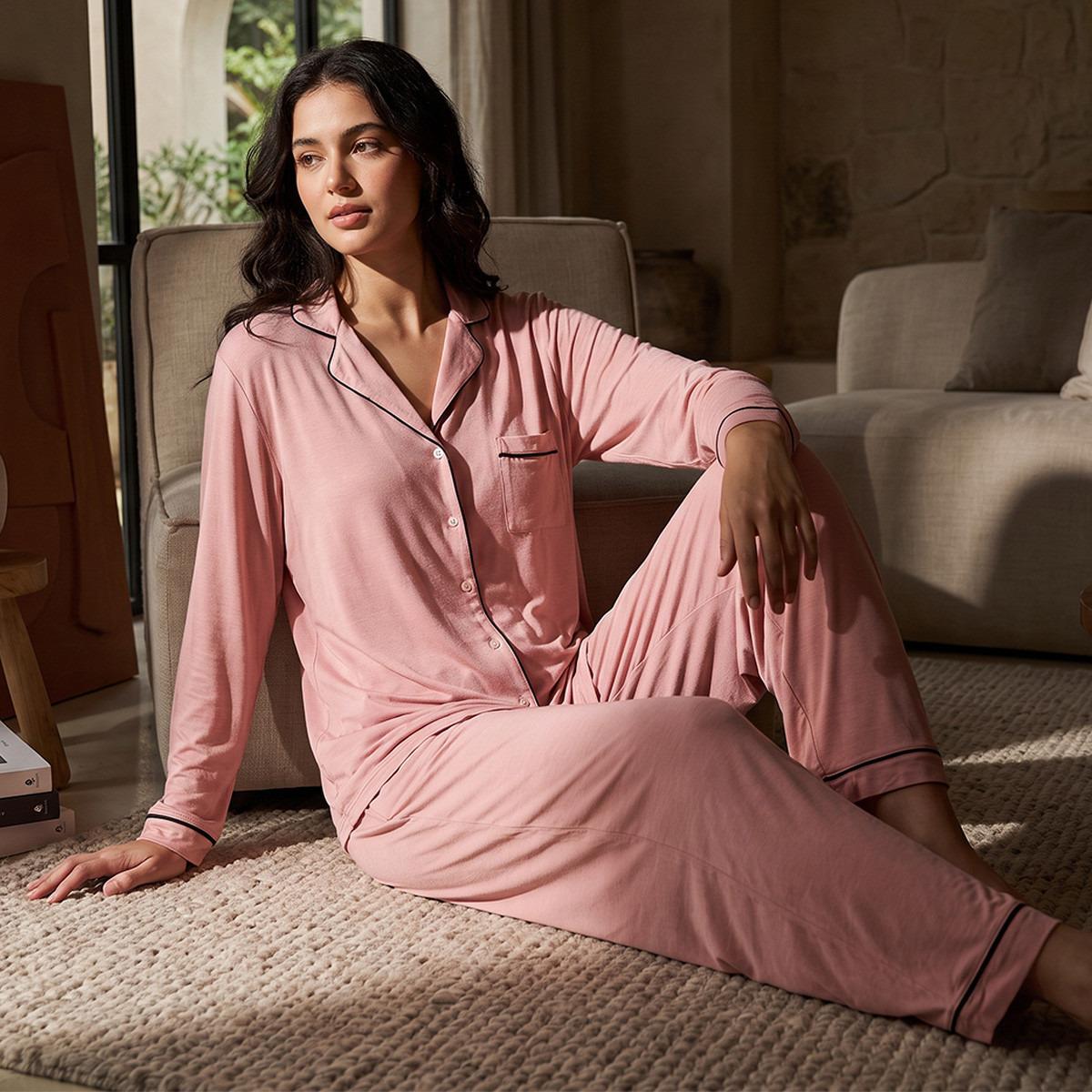 Aadaraya Pyjama Set Button-Down Shirt & Trousers-women-clothing-nightwear-pyjamas-longsets-image-1