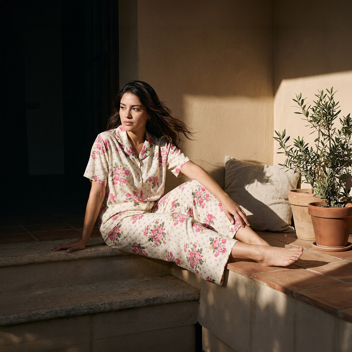 طقم بيجاما فيسكوز قميص بوصلة أزرار وبنطلون-women-clothing-nightwear-pyjamas-longsets-image-1