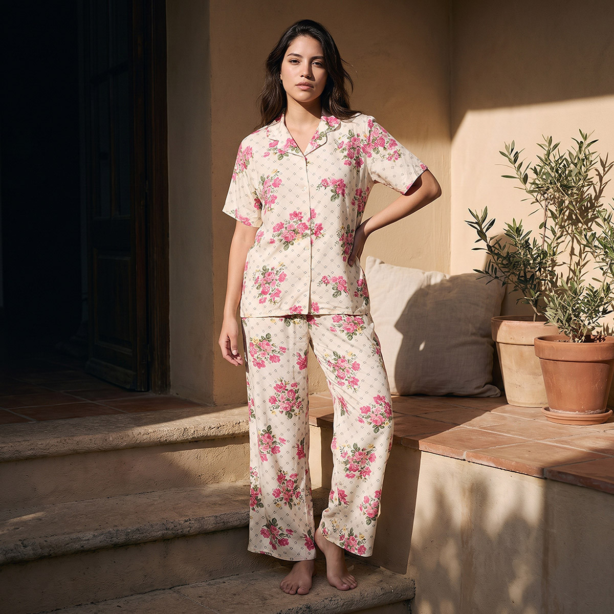 طقم بيجاما فيسكوز قميص بوصلة أزرار وبنطلون-women-clothing-nightwear-pyjamas-longsets-image-2