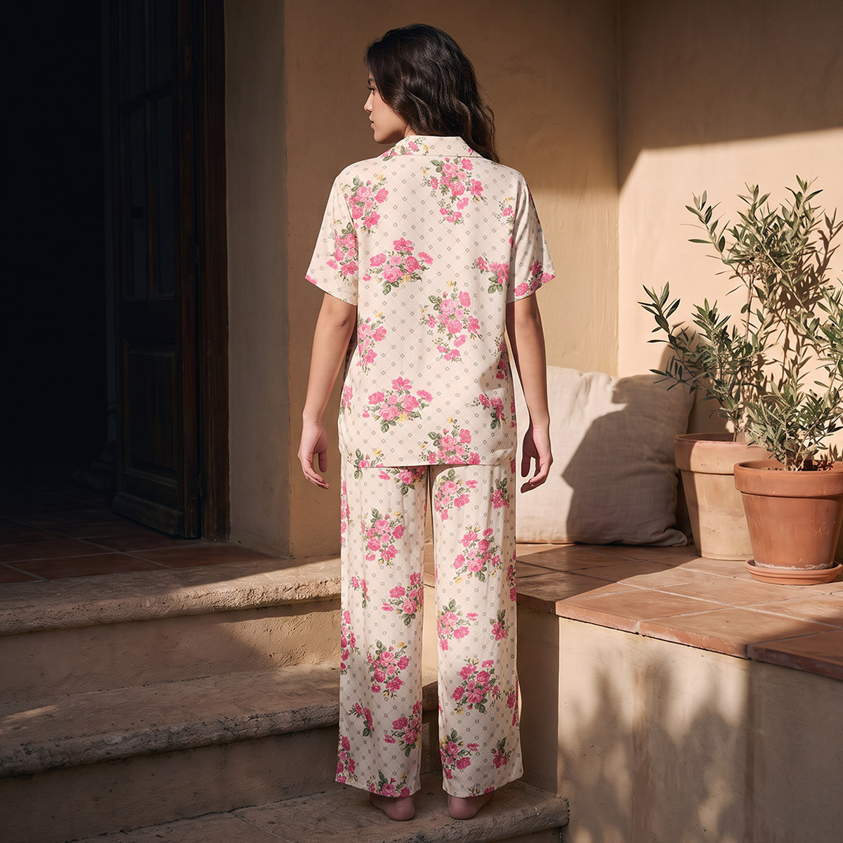 طقم بيجاما فيسكوز قميص بوصلة أزرار وبنطلون-women-clothing-nightwear-pyjamas-longsets-image-3