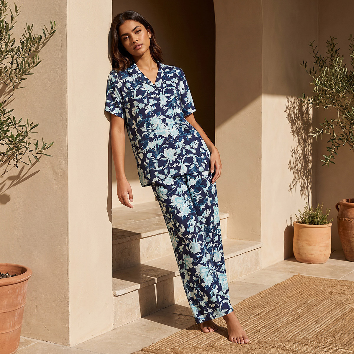 Pyjama Set Button Down Shirt & Trousers Viscose-women-clothing-nightwear-pyjamas-longsets-image-1