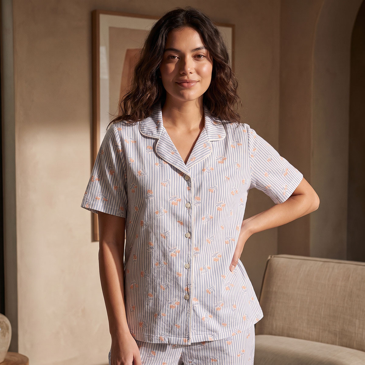 طقم قميص بأزرار وبنطلون بيجاما مخطط من سبلاش فيف-women-clothing-nightwear-pyjamas-longsets-image-3