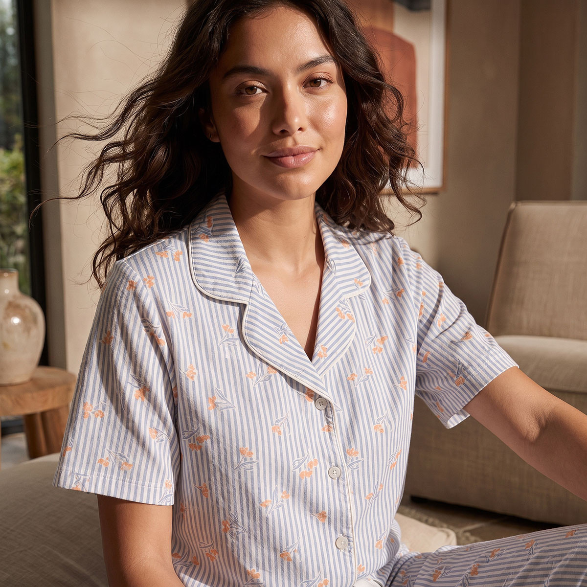 طقم قميص بأزرار وبنطلون بيجاما مخطط من سبلاش فيف-women-clothing-nightwear-pyjamas-longsets-image-6