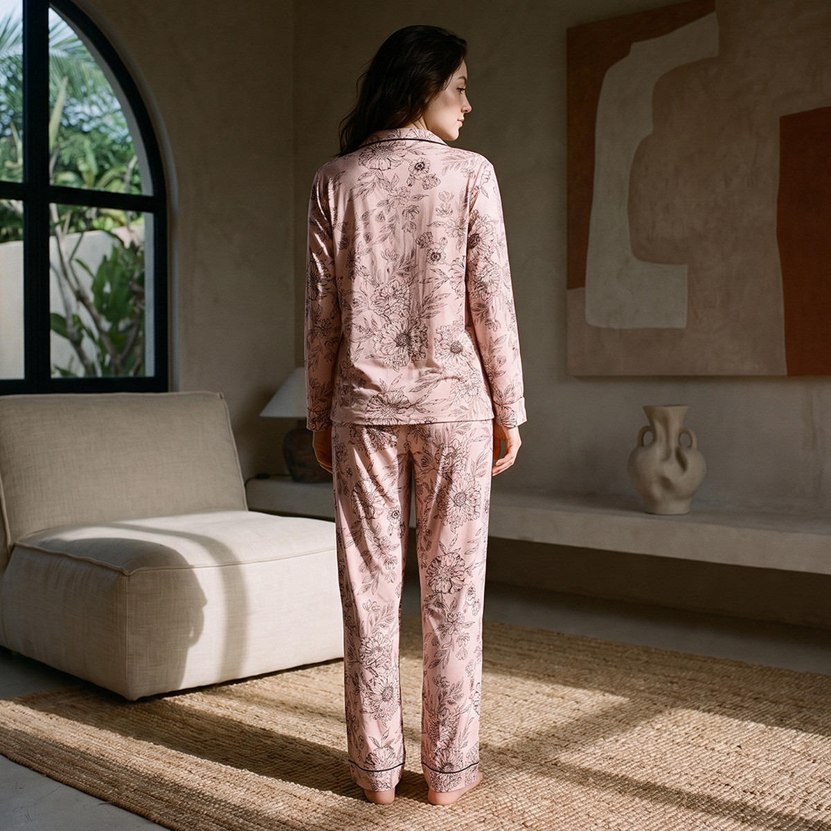 Splash Fav Floral Print Button-Down Shirt and Pyjamas Set-women-clothing-nightwear-pyjamas-longsets-image-3