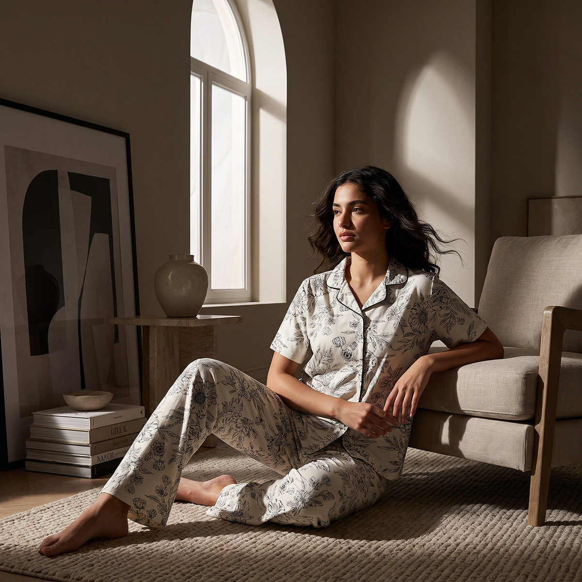 طقم بنطلون بيجاما وقميص بوصلة أزرار وطبعات زهور من سبلاش فاف-women-clothing-nightwear-pyjamas-longsets-image-1