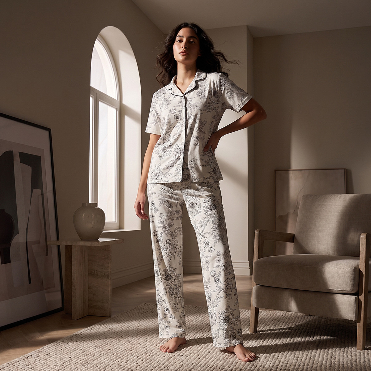 طقم بنطلون بيجاما وقميص بوصلة أزرار وطبعات زهور من سبلاش فاف-women-clothing-nightwear-pyjamas-longsets-image-2