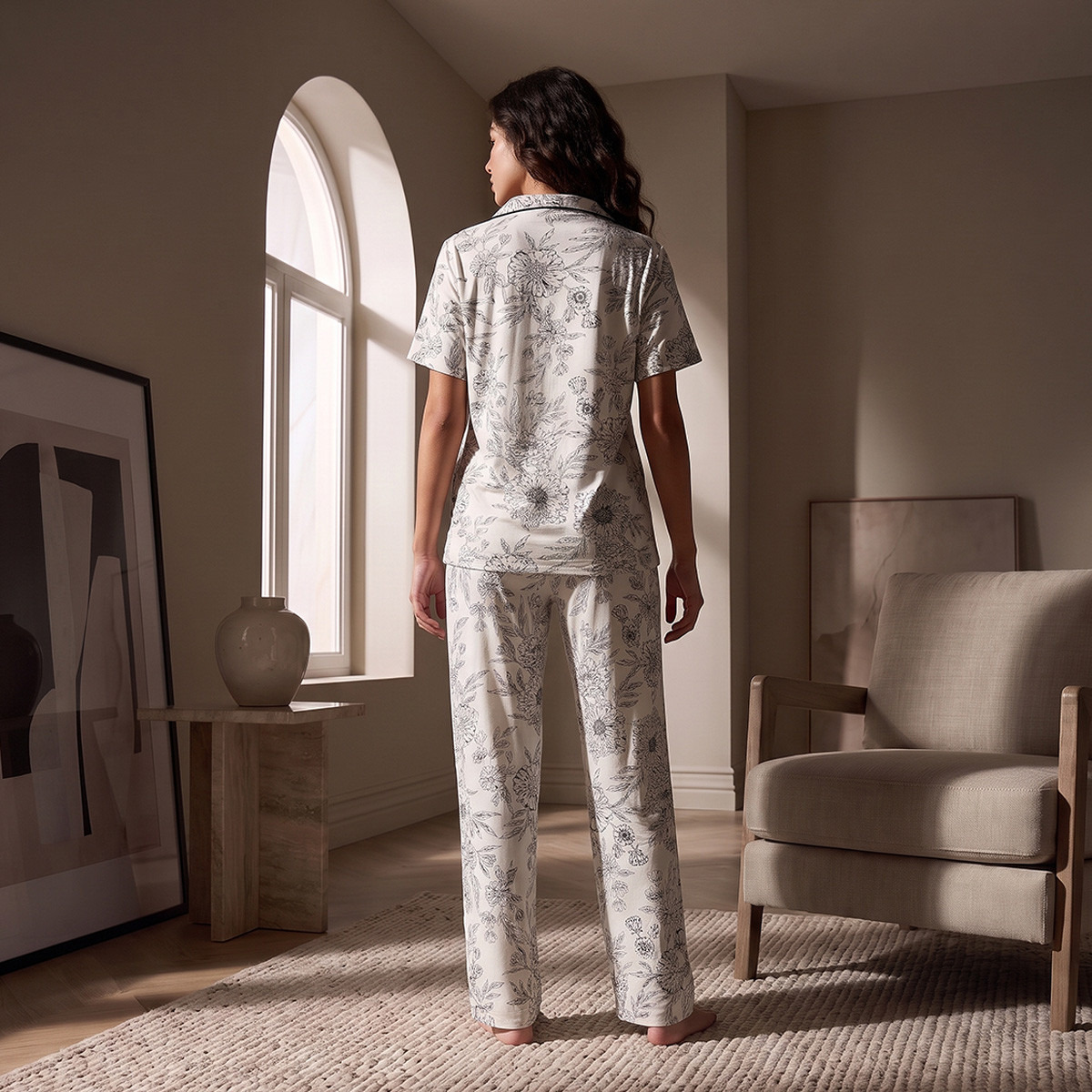 طقم بنطلون بيجاما وقميص بوصلة أزرار وطبعات زهور من سبلاش فاف-women-clothing-nightwear-pyjamas-longsets-image-3