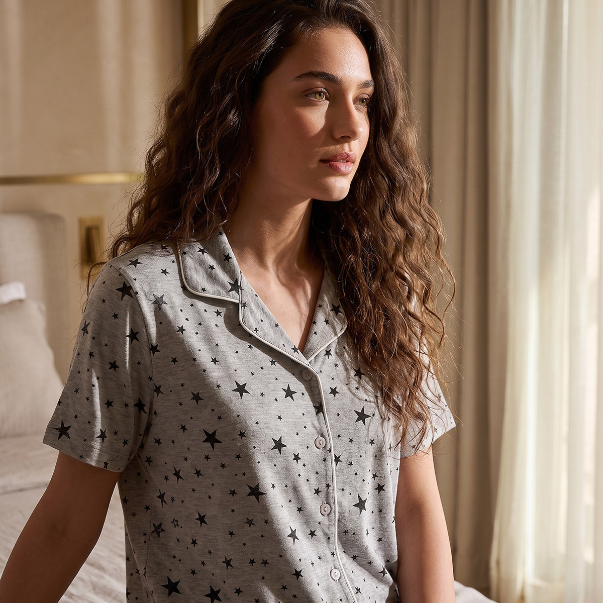 Splash Fav Star Print Button-Down Shirt and Pyjamas Set-women-clothing-nightwear-pyjamas-longsets-image-6