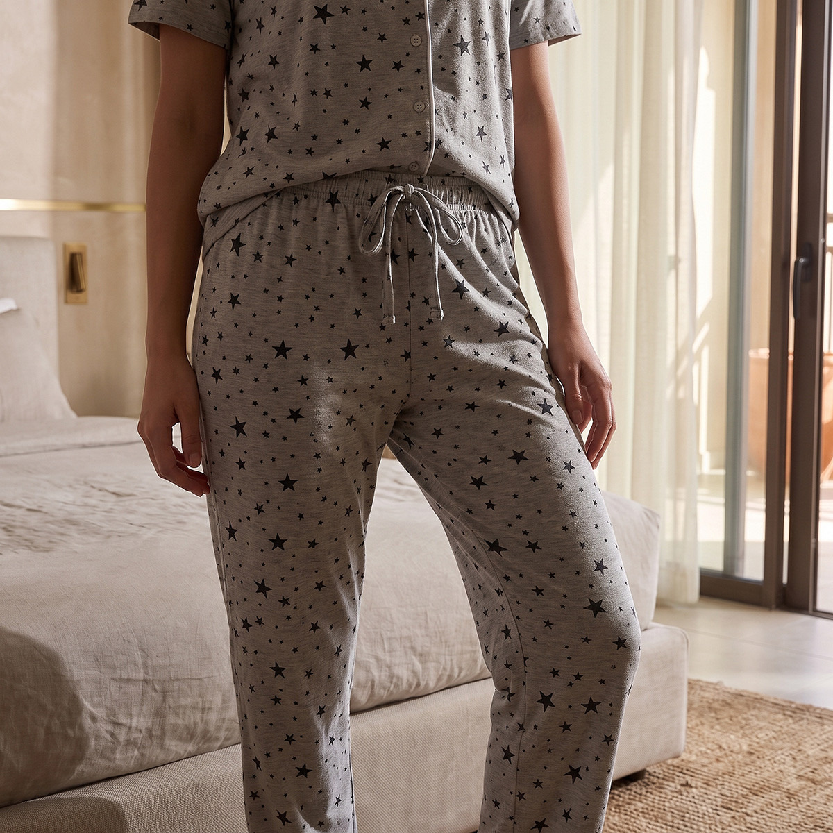 Splash Fav Star Print Button-Down Shirt and Pyjamas Set-women-clothing-nightwear-pyjamas-longsets-image-7